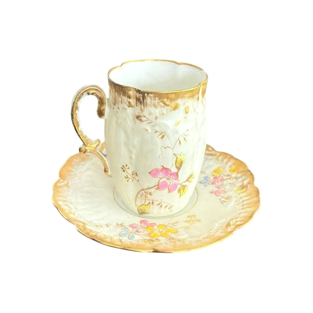 Antique M Redon Limoges Hand Painted Porcelain Demitasse Cup and Saucer ca 1880s